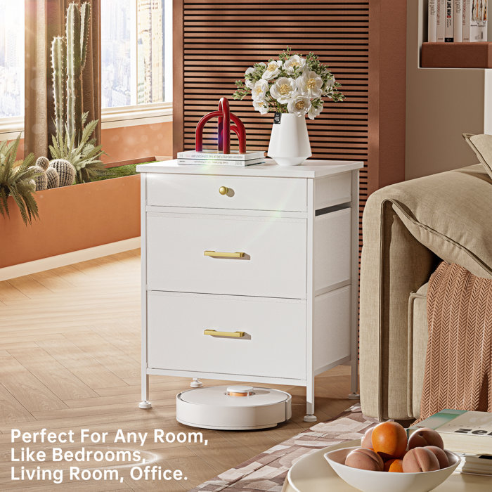 Ebern Designs Tineka Nightstand, Small Dresser, End Table with 3 Fabric Drawers for Bedroom